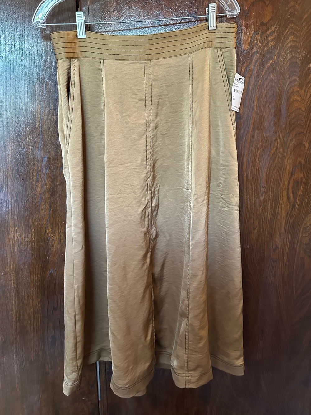 DKNY Nordstrom Midi A-Line Skirt in Dune Sandy Beige 10 Front Slit & Pockets NWT
